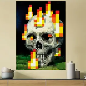 1 Frameless Pixel Skull Flame Canvas Poster, Abstract Face Design, Art Decor Style, Indoor Wall Art, Suitable as a Gift Art Wall Painting, Suitable for Bedroom, Office, Living Room, Cafe, Wall Decoration, Home and Dormitory Decoration, Christmas Decor