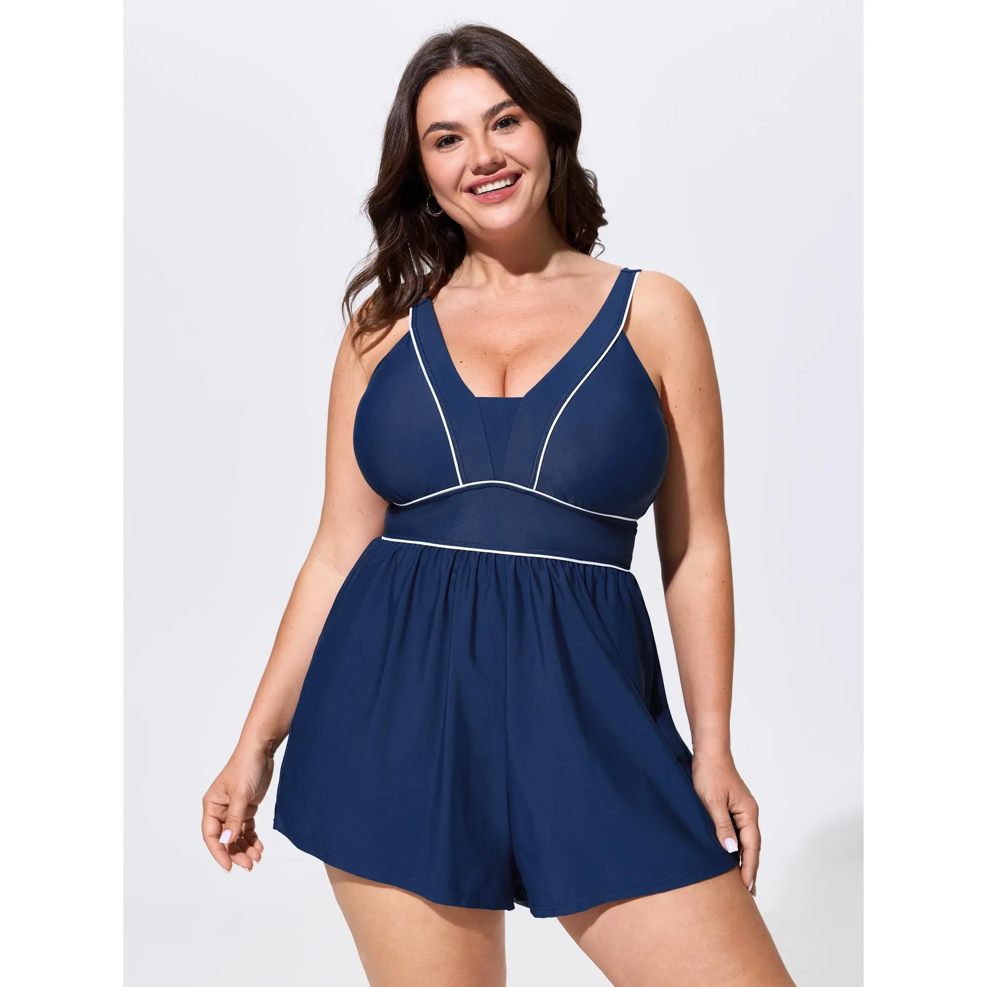 BloomChic Women's Plus Size Colorblock Swim Romper - Tunic-Style Beachproof Curvy-Friendly Full Coverage Swimwear, Cinched Waist, Adjustable Straps, Side Pockets, UPF 50, Nylon Blend, Machine Washable, Cold Wash, UV Protection, Solid Beach Wear, Swimsuit,