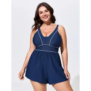 BloomChic Plus Size Colorblock Swim Romper, Tunic Style Swimsuit with a Cinched Waist, Adjustable Straps and Pockets, UPF 50, Plus Size Swimsuits