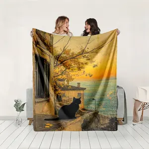 1 piece The black cat and the ancient city coast under the sunset themed flannel blanket - Super soft flannel blanket, suitable for beds and sofas, all-season use, modern design, digitally printed pattern, 100% polyester material, machine washable