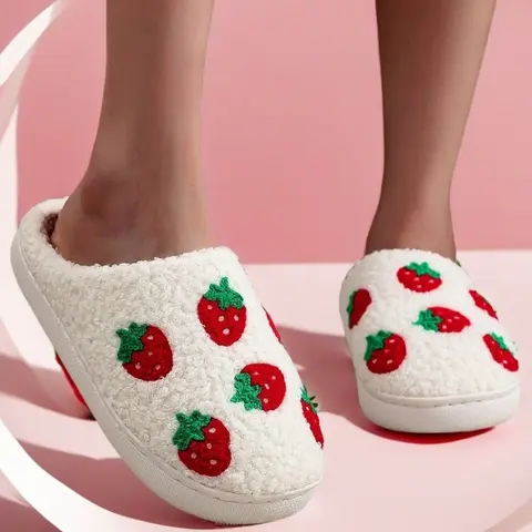 Cute Strawberry Embroidered Plush Slippers, Comfortable Indoor Home Shoes, Fashionable Gift Choice for Men & Women, All Seasons Wear, Footwear