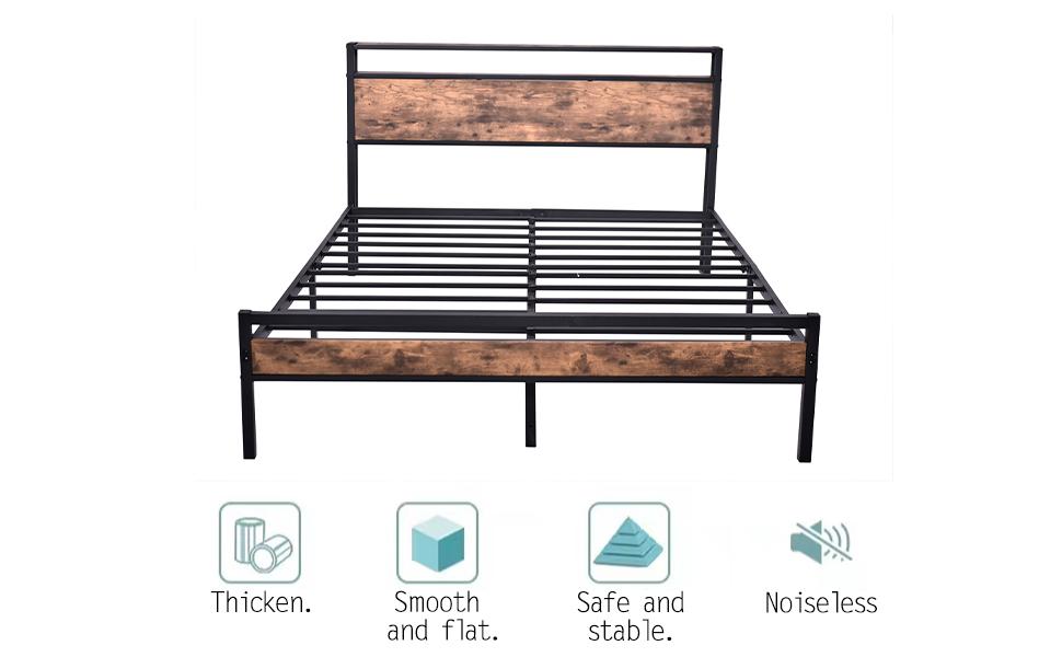 Different Size Metal Platform Bed Frame with Wooden Headboard and Footboard. Features robust metal slat support, no box spring required, delivering exceptional stability and a streamlined, modern aesthetic for your bedroom.