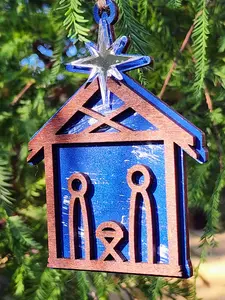 Rise and Shine Gifts Rustic Nativity Christmas Ornament with mirrorred acrylic star. Made with birch, hand painted and stained wood. ornament swap gift, the reason for the season, Decoration Traditional Tree Decor Wooden