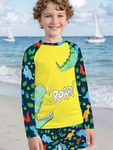 Boys Roar Tyrannosaurus Print Long Sleeve Sunscreen Swimwear Set, Cute Cartoon Quick-Dry Shorts Two-Piece Suit Swimsuit Set