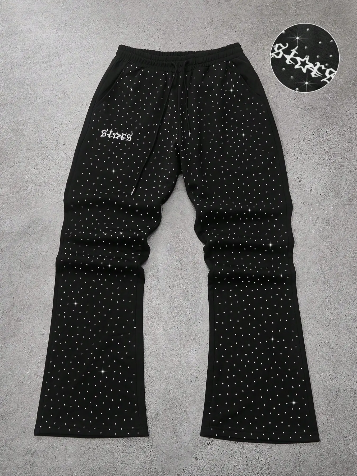PAVTROS Men's Flared Pants, Casual streetwear pants, Casual Comfy Pants, Casual Comfy Trouser, black with a subtle shimmering brick pattern, featuring an elastic waistband for a relaxed, casual street style. Perfect for work, school, vacation