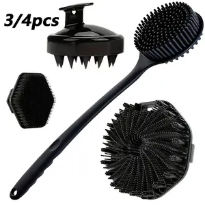 3/4-piece silicone shower brush set - including scalp massager, long handled body scrub brush, facial cleaner, and exfoliating pad, exfoliating and relaxing | Soft silicone bristles, a must-have for both men and women's showers Exfoliating Bath Tool