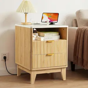 18" Natural Oak Fluted Nightstand with Charging Station – Modern Night Stand with Drawers & Faux Marble Top, Curved Profile End Table with 2 Drawers for Bedroom, Living Room