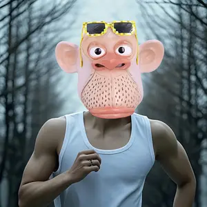 Funny monkey mask | Funny monkey mask wearing glasses — latex full-head animal face; cute style for Halloween parties and role-playing; Halloween costume; playful design; detailed facial features; monkey mask