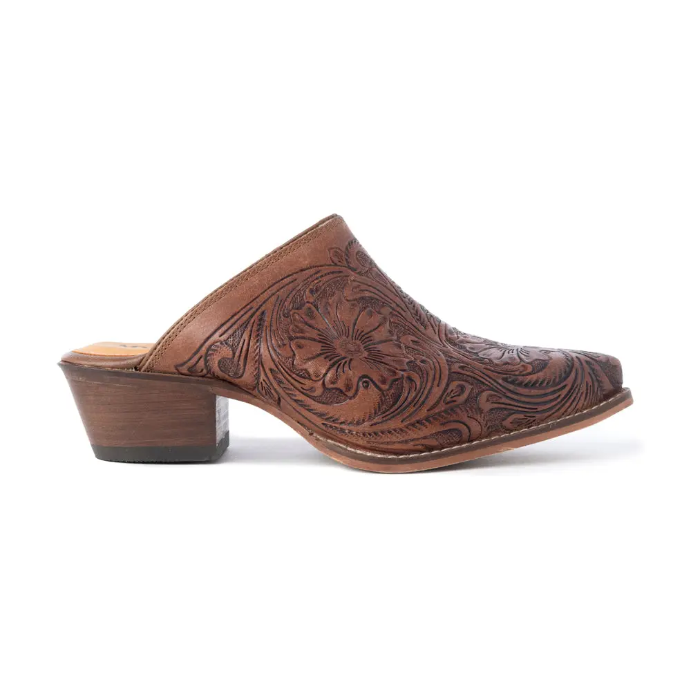 Women's Handtooled Genuine Leather Mules, Western Style Slip On Clogs with Snip Toe, Casual Low Heel Footwear, Handtooled Mules, Daily Wear, Rubber, Work/Weekend, Clogs Mules