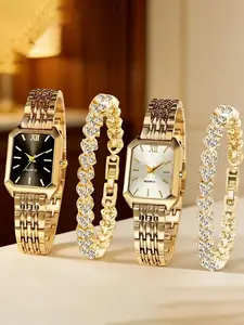 4-piece elegant women's watch and bracelet set, Matching Jewelry Set |, quartz watch, classic rectangular dial, alloy strap, ideal choice for Easter or casual wear