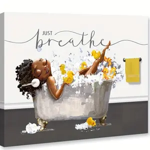 2D Flat, Canvas Wall for art Print Featuring a Music Bath Theme, Perfect for Bathroom Decor. This Framed for artwork，Showcases a Design of a Yellow Duck Surrounded by Bubbles