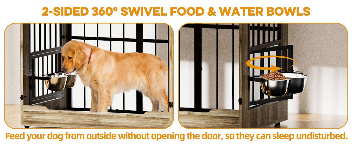 [2 Carton]78" Heavy Duty Indestructible Extra Large Dog Crate with Divider – Double Door Indoor Wooden Kennel, Removable Divider & 360° Swivel Bowls, Reinforced Steel Bars for Extra Large Dogs or Two Medium-Large Dogs