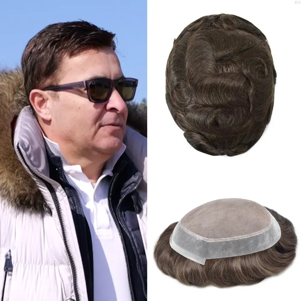 Durable Fine Mono Toupee Hair For Men Non Surgical Human Hair Replacement System for Hair Loss Natural Hairline Monofilament Clear Poly Skin Mens Hairpiece Units