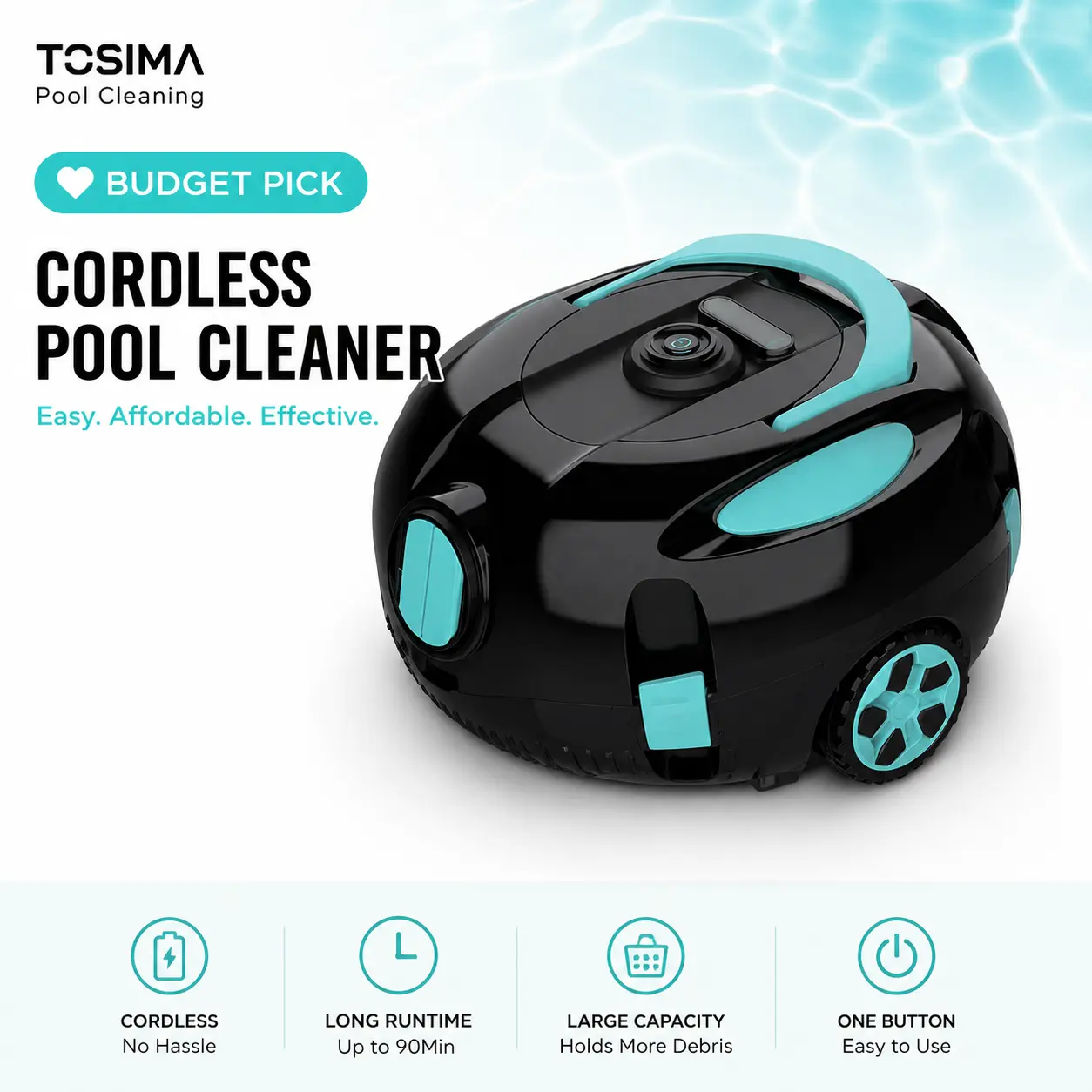 Tosima Cordless Robotic pool vacuums Cleaner H1 - Budget Automatic Model for Above Ground Small Pools with Dual Motor Suction, Fine Filter System, Auto-Parking, Easy Retrieval for Leaf & Dirt Cleaning Under $100