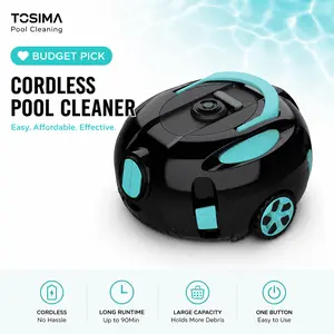 Tosima Cordless Robotic pool vacuums Cleaner H1 - Budget Automatic Model for Above Ground Small Pools with Dual Motor Suction, Fine Filter System, Auto-Parking, Easy Retrieval for Leaf & Dirt Cleaning Under $100