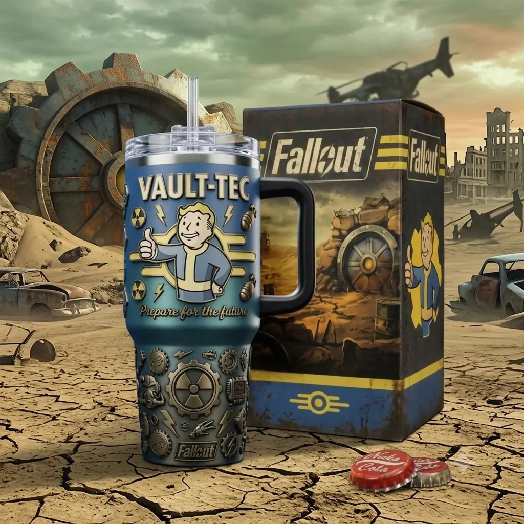 Fallout Vault Tec Vault Boy Prepare For The Future 40oz Tumbler with Handle, Green Fantasy Stainless Steel Travel Cup with Straw and Lid, Insulated Reusable Drinkware, Gaming Gift for Fans