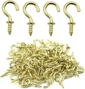 Biaungdo 100 Pcs 1/2" Ceiling Cups Hooks Screw Hooks Ceiling Cup Hooks Self-Tapping Screws Hooks Gold