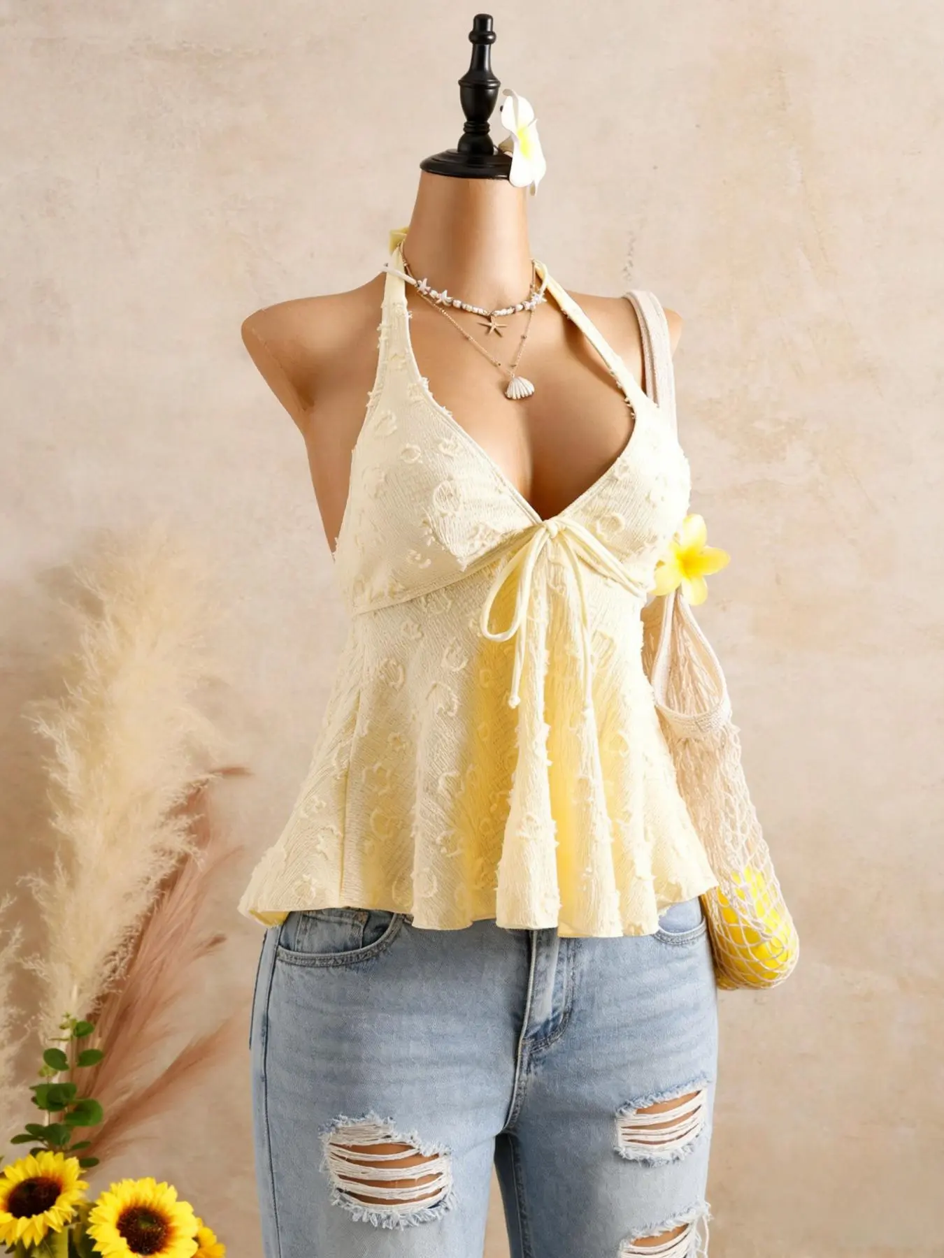 Summer New Gentle Casual Classy Elegant Butter Halter Top, Sexy Deep V Tie Back Sleeveless Boho Style Chic Vacation Slimming Fitted Blouse, Women's Lady Fashion Casual Wear, Bohemian Fitted Top