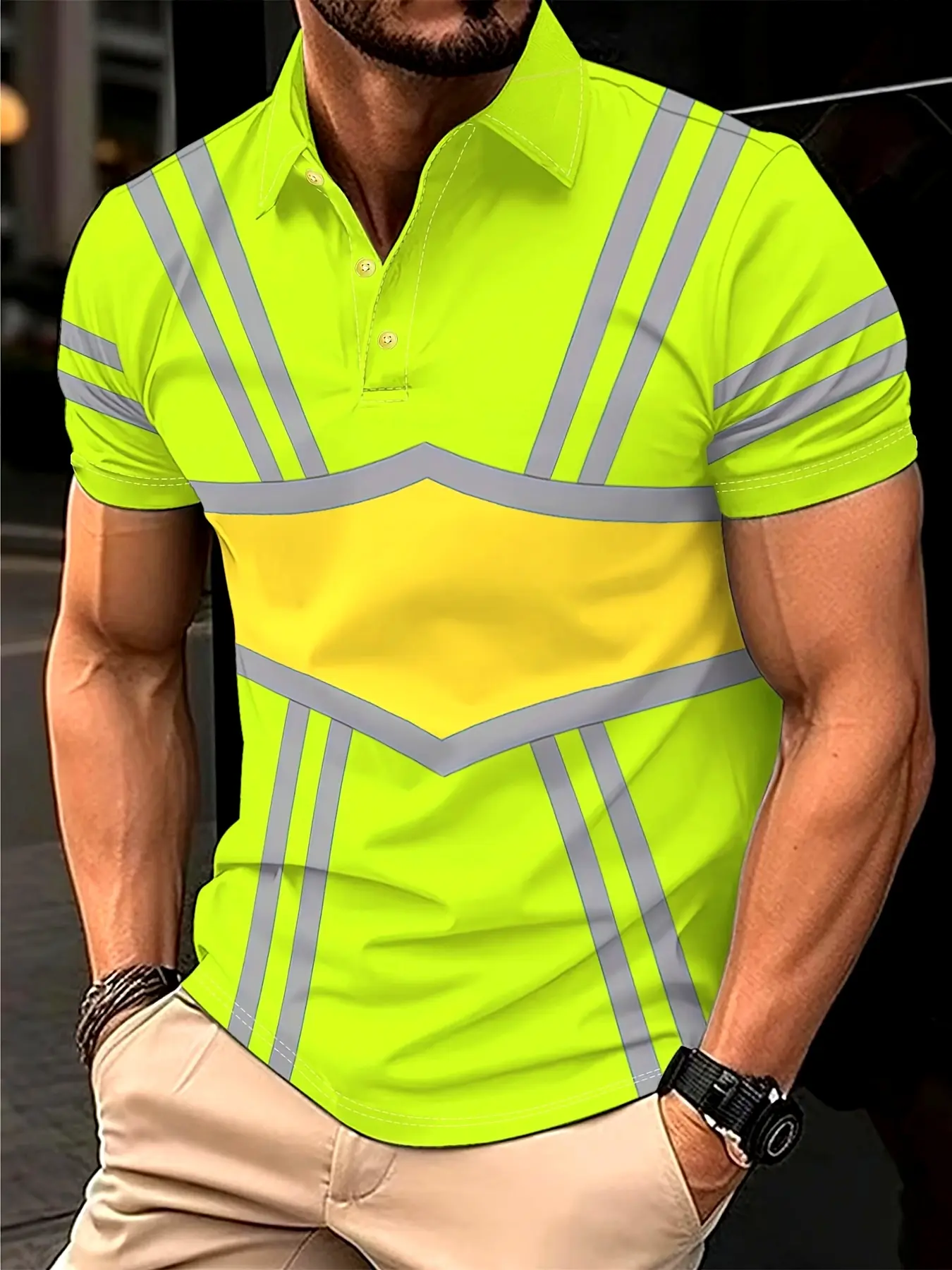 Men's Lime Green and Yellow Striped Short-Sleeved Shirt - Breathable H-shaped casual sportswear, machine washable for spring and summer outdoor activities, contrasting collar and sleeve stripe design, comfortable to wear