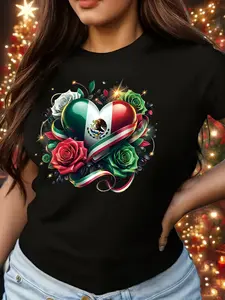 Women'S Green Floral Mexican Rose Heart Patriotic Mexican Flag Travel Latin Gift Creative Print Casual Short Sleeve Round Neck T-Shirt