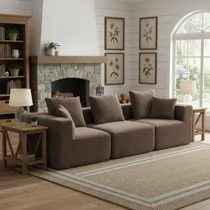 Oversized Modular Deep-Seat Sofa, 3-Piece All-Foam Sectional Couch in Soft Textured Fabric, Tool-Free Assembly, Apartment-Friendly Low Profile, 111" × 37" × 23.6"-Brown