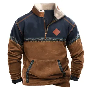 Vintage Sweatshirt Men Casual Loose Long Sleeve Stand Collar Zipper Pullover Tops Autumn Fashion Pattern Print Mens Sweatshirts