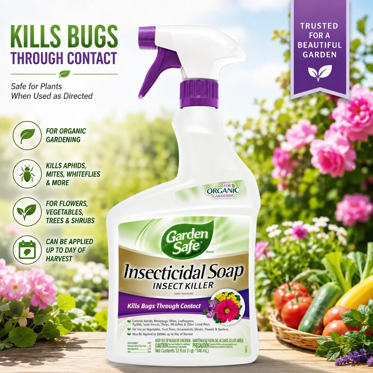 Garden Safe Insecticidal Soap Insect Killer, 32 oz, Organic Gardening Approved, Contact-Action Multi-Insect Control for Home & Garden Pest Management
