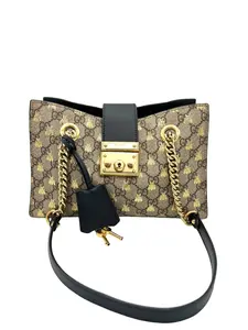 Pre-owned GUCCI GG CANVAS Shoulder Bags SUPREME MONOGRAM BEES, SMALL PADLOCK TOTE BEIGE ORO BLACK