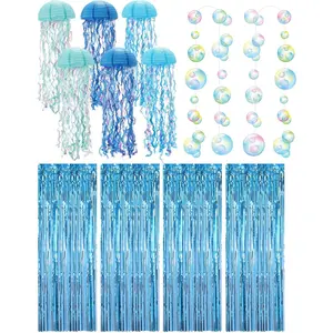 12 Pcs the Sea Favors Blue Paper Lanterns, Colored Bubble Garlands Streamer, Blue Metallic Foil Tassel Streamer Backdrops for Birthday Baptism Baby Shower