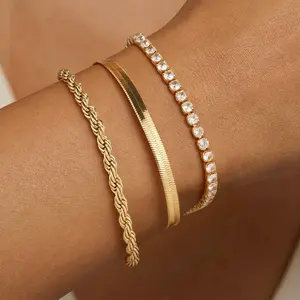 Turandoss 14K Gold Plated 3 Piece Bracelet Set for Women | Dainty Tennis Chain Link Adjustable Stacking Bracelets , Summer Fashion Jewelry Gift for Her