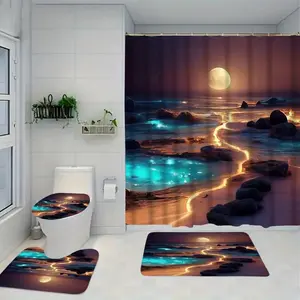 1pc/4pcs Sunset Coast pattern shower curtain set, non-slip floor mat, U-shaped carpet, toilet lid cover, perfect for bathroom decoration, partition, beautify the space, free 12 shower curtain hooks
