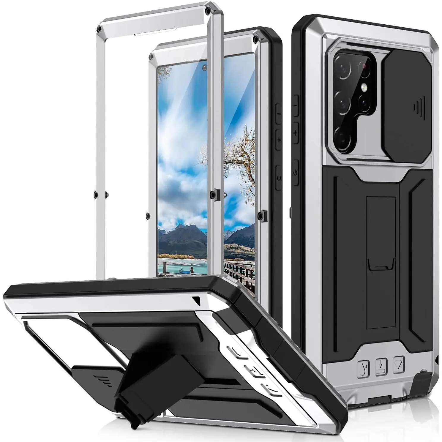 Fin For Samsung S25 Edge S24 S23 S22 Plus S21 Ultra Luxury Rugged Metal Armor Shockproof Case Screen Protector Stand Camera Cover