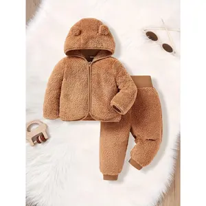Boys' Spring, Autumn and Winter Plush Hooded Long Sleeve Zip-Up Jacket + Thickened Pants Warm Two-Piece Set, for Outdoor