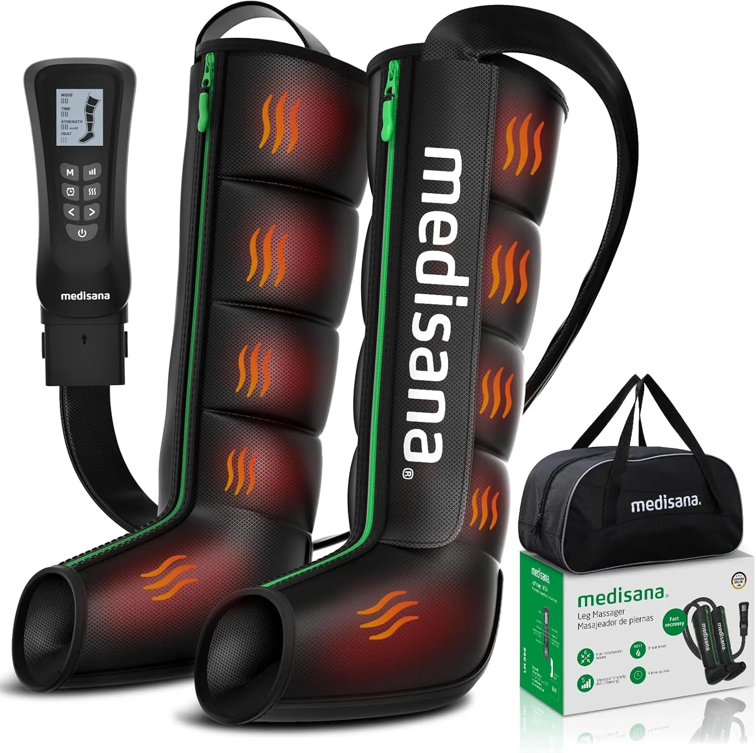 Medisana Leg Compression Massager with Heat, Full Leg & Foot Massager Compression Boots with 6 Modes, 5 Intensity and 3 Heat for Circulation and Pain Relief Black