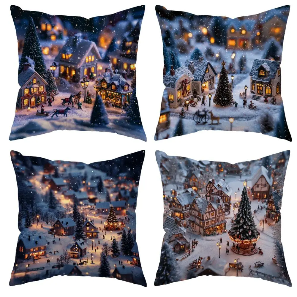 JIT Christmas Pillowcases Set of 4, Micro World Snowhouse Pattern, Comfortable Home Decor, 17.72x17.72 Inches, No Insert Needed