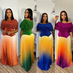 Summer Autumn Clothes Gradient Women's Set Short Sleeve V-neck Tops and Pleated Long Skirts Suit Street Two 2 Piece Dress Set African Outfits