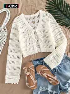 Women's Plain Hollow Out Crochet Knitted Cardigan, Casual Long Sleeve Tie Front Fit Knitwear for Spring & Fall, Fashion Womenswear Knit Clothing for Daily Wear