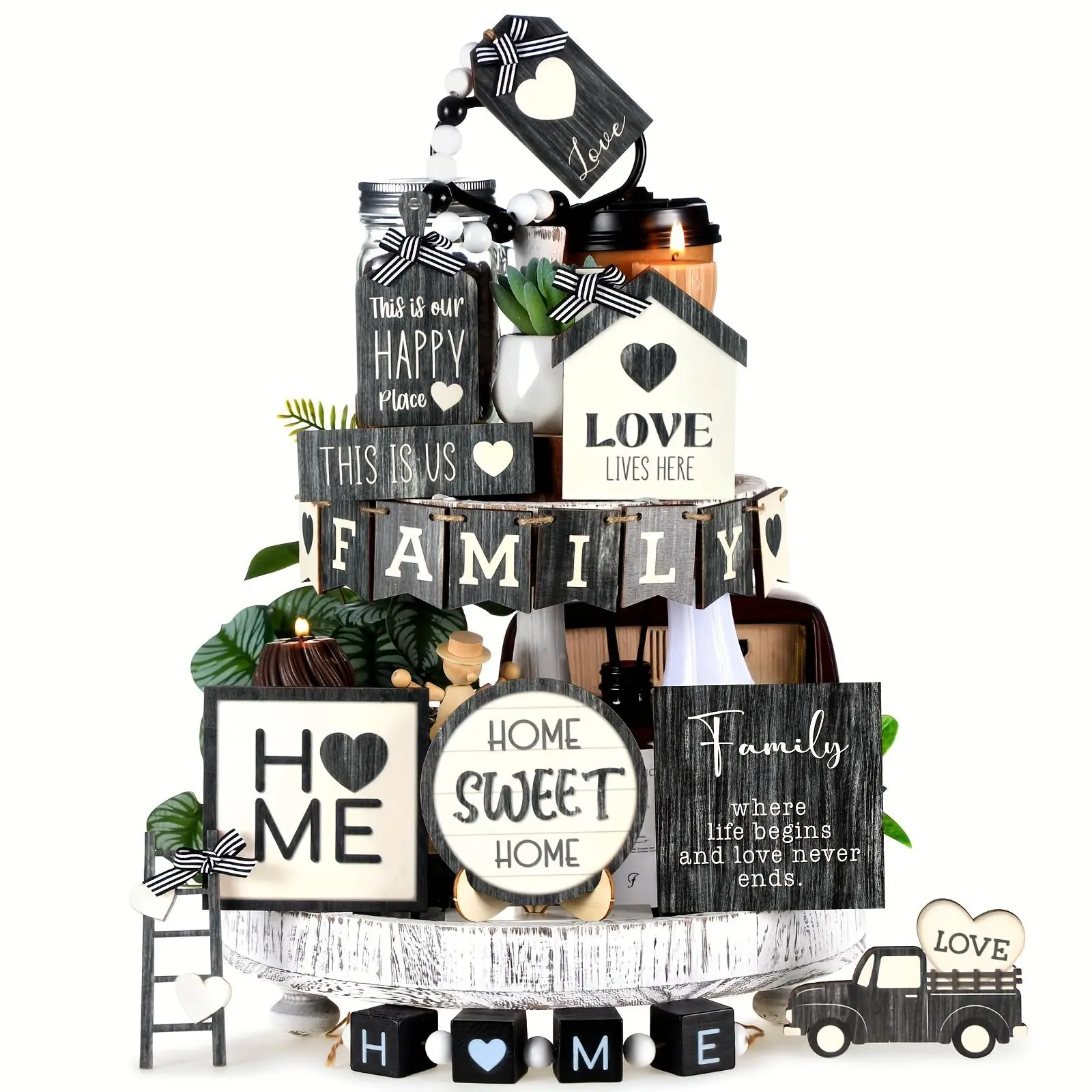 Farmhouse Tiered Tray Decor, 17pcs/set Wooden Home Decor Sign, Rustic Home Sweet Home Decor for Kitchen, Living Room, Bedroom, Office