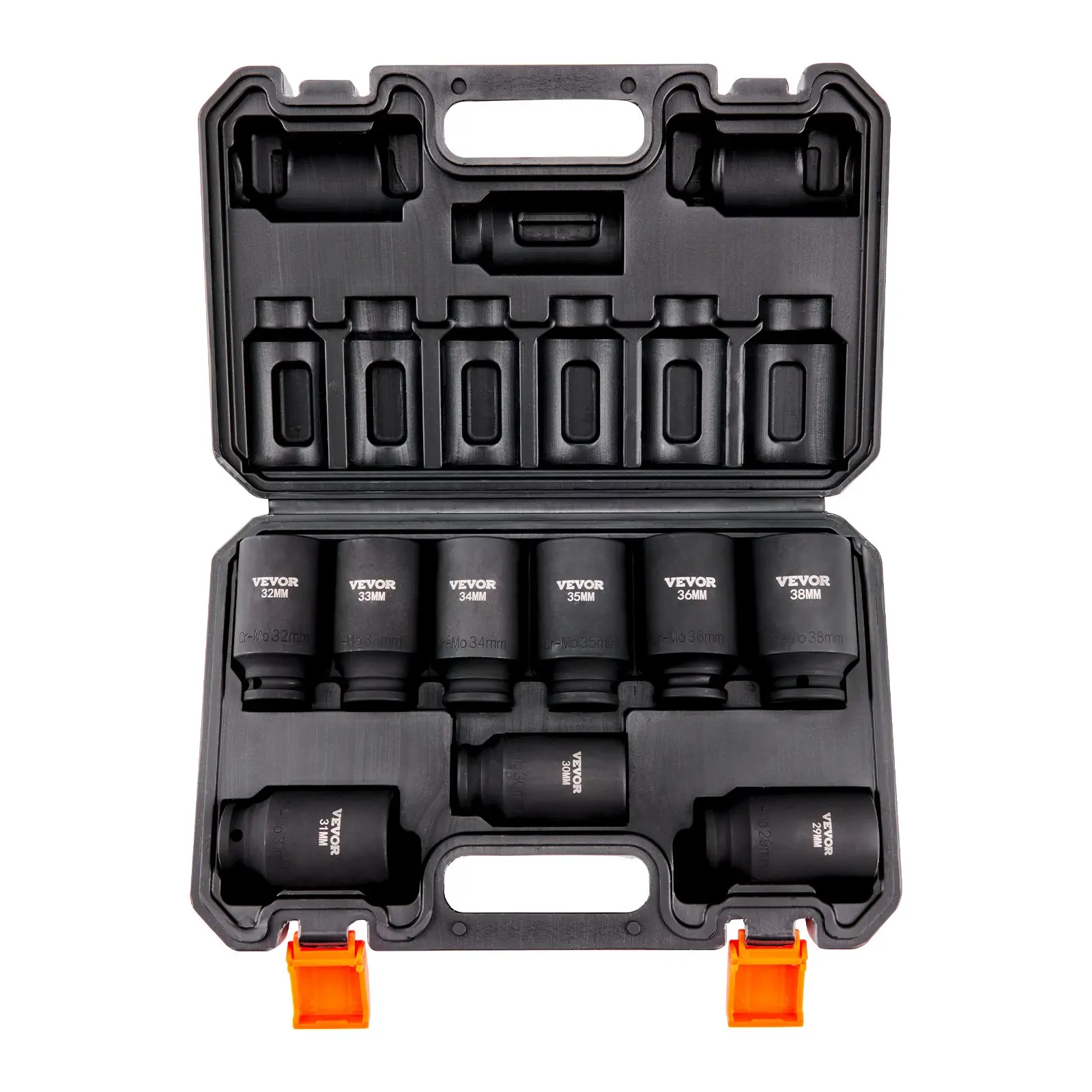 【summerfinds】VEVOR 1/2" Drive Metric Deep Impact Sockets Set, 9-Piece (29-38mm) Cr-Mo Alloy Steel 6-Point Work Tools, Easy-to-Read Size Markings, Rugged Construction, Storage Case Included for Auto Repair, Father's Day Gift