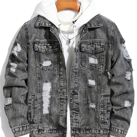 Men's Distressed Ripped Long-Sleeve Lightweight Denim Jacket, Regular Fit, Street Fashion Casual Comfy Button-Front Multi-Pocket Collared Outerwear for Daily Wear, Menswear for All Seasons, Casual Streetwear Jacket, Jacket with Pockets