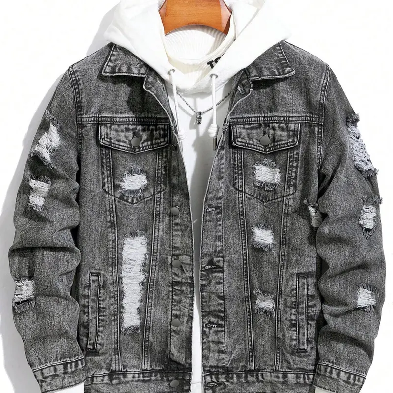 Men's Distressed Ripped Long-Sleeve Lightweight Denim Jacket, Regular Fit, Street Fashion Casual Comfy Button-Front Multi-Pocket Collared Outerwear for Daily Wear, Menswear for All Seasons, Casual Streetwear Jacket, Jacket with Pockets