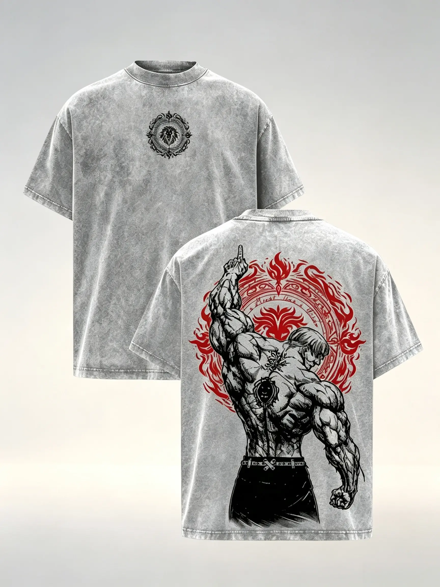 Men's Oversized Heavyweight Cotton Short-Sleeve T-Shirt - Yujiro Hanma Vintage Wash Anime Graphic, Ribbed Boxy Fit, Grunge Retro Streetwear, 1-Sided Jesus Print, Year-Round Casual Gym OOTD Menswear