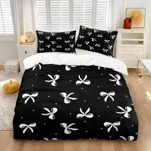 2/3 Pcs Black and White Bowknot Print Duvet Cover Set,Includes 1 Count Duvet Cover & 1/2 Pillowcase without Filler, warm and anti-pilling,Suitable for all seasons,A perfect gift for children and teenagers,Multiple styles available, Bed Sets Supplies
