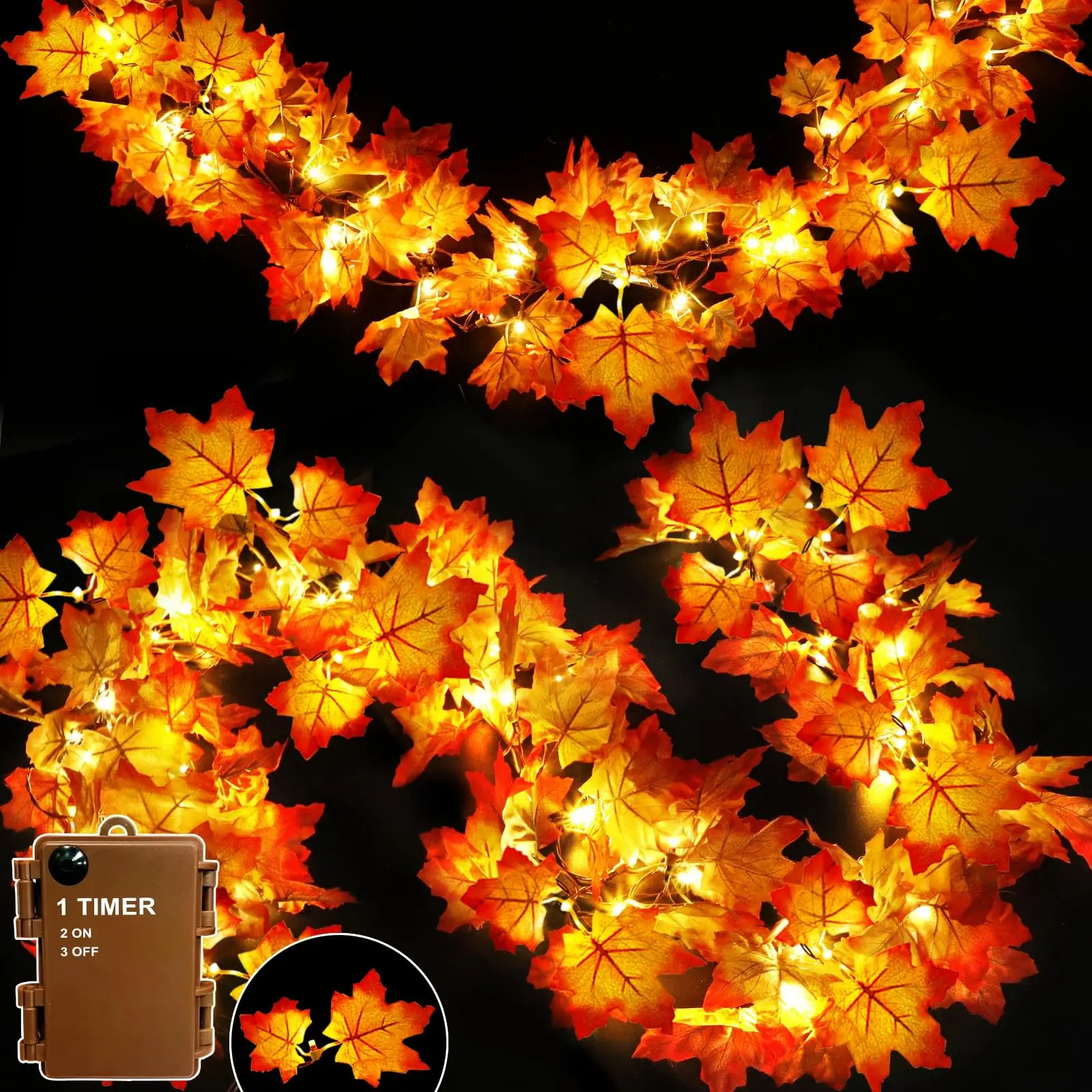 2 Pack Fall Decor Maple Leaf String Lights Total 6.5 Ft, with Timer, Waterproof & Battery Operated, 20 LEDs 40 Thick Leaves Injection-Molded, for Porch Fence Window Autumn Thanksgiving Decor