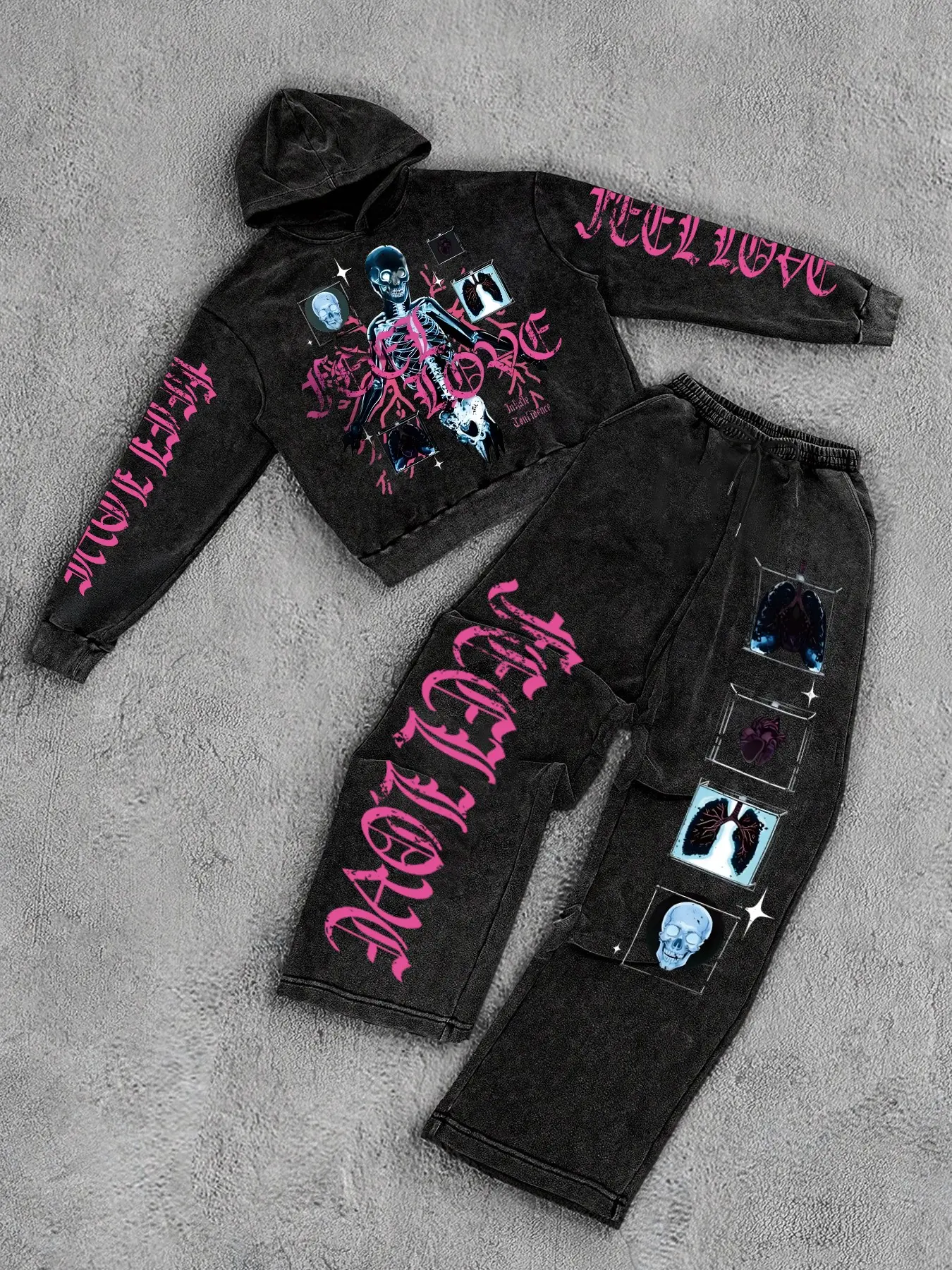 Cyber Y2K Skeleton X-Ray Graphic Matching Set | Acid Wash Gothic Pink Lettering Oversized Hoodie & Wide Leg Sweatpants | Urban Alt Grunge Aesthetic Tracksuit for Street Photography Gothic Clothes