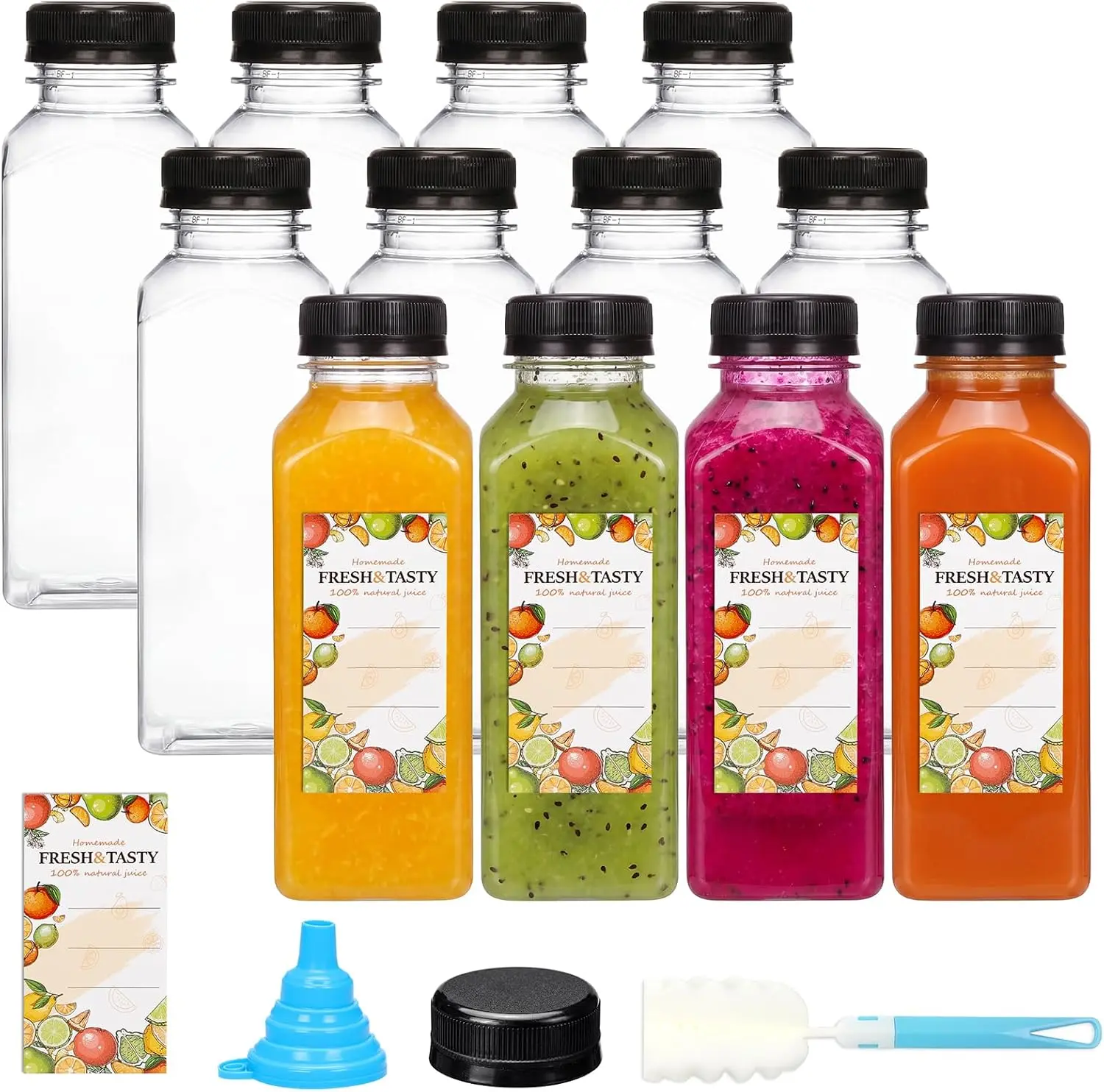 12 Pack 12 OZ Plastic Juice Bottles with Caps, Sticker Labels, Brush