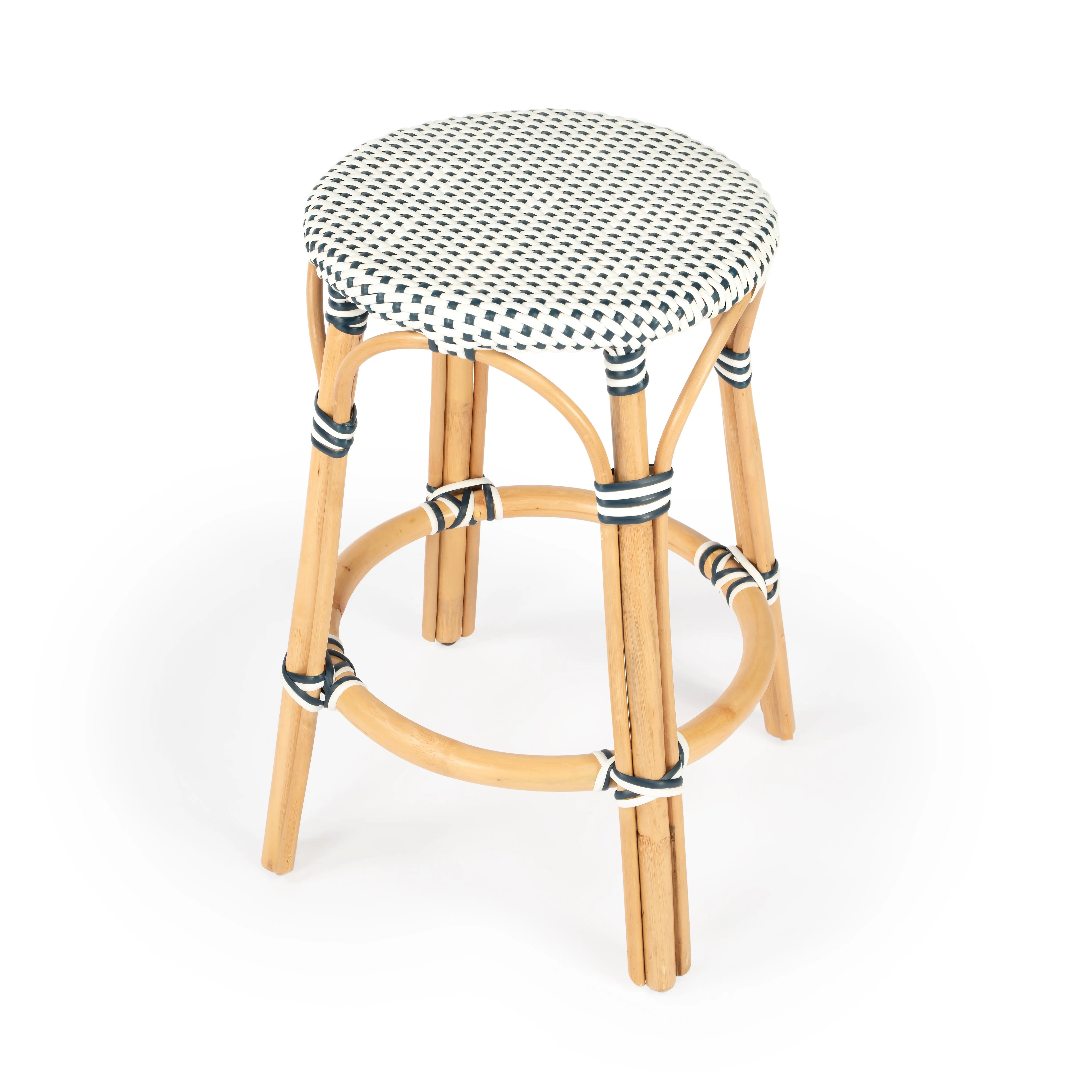 Tobias Rattan Round 24" Counter Stool in White and Navy Dot 9371222