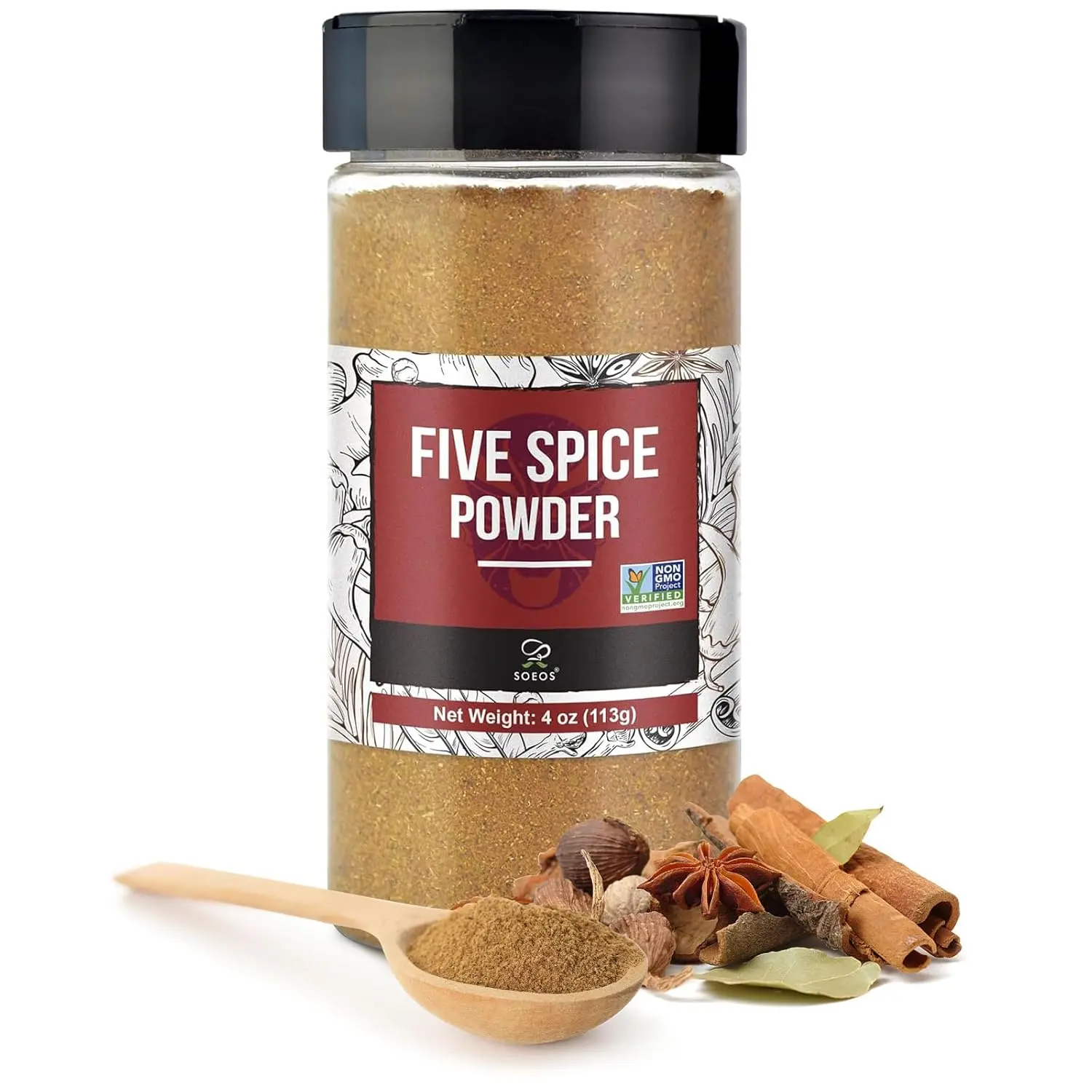 Soeos Chinese Five Spice Powder 4oz, Non-GMO, No Preservatives and MSG, Seasoning for Marinades, Stir-Fries, Stews, Salads Flavor Traditional