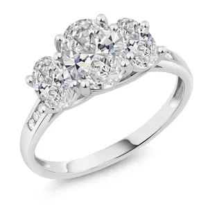 10K White Gold Gemstone Birthstone and Lab Grown Diamond 3-Stone Engagement Ring for Women | Oval 8X6MM and 6X4MM | Elegant Wedding Anniversary Promise Ring | Size 5-9