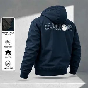 Spring/autumn casual navy blue hooded aviator jacket featuring “Chicago” handwritten print and ribbed cuffs, made from tear-resistant woven fabric with an adjustable hood—ideal for spring city walks, weekend market shopping, and casual gatherings with fri